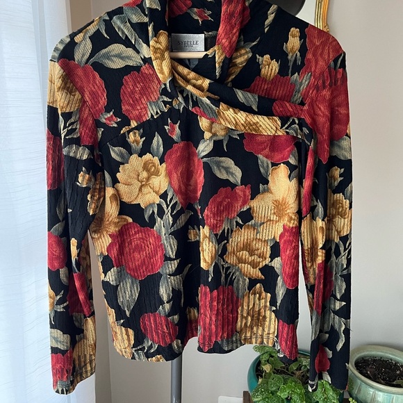 Vintage Floral Wrap Cowl Neck Semi-Sheer Sweater- Cropped Length - Picture 8 of 8